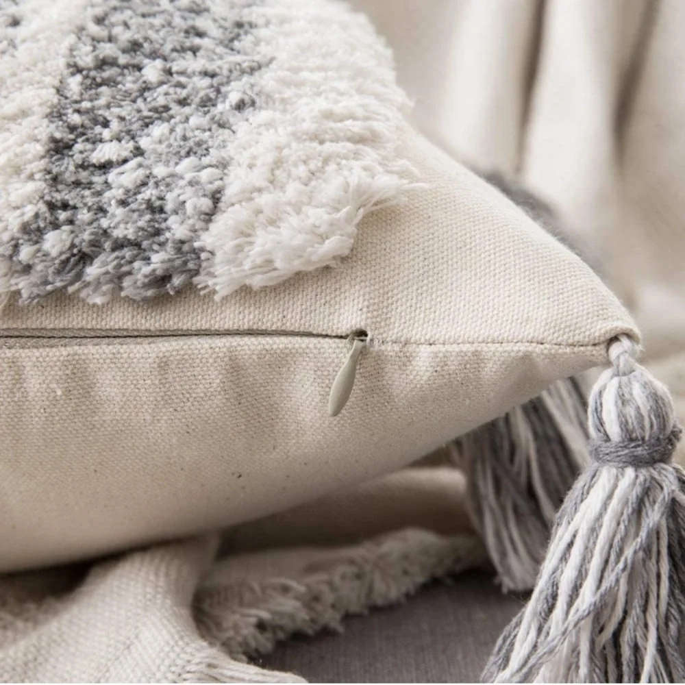 Luxury Home | Oversized Grey Boho Chic Tufted Striped Tassel Trim Pillow Cover